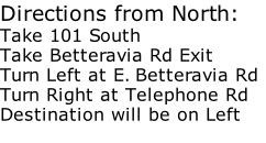Directions from North:  Take 101 South Take Betteravia Rd Exit Turn Left at E. Betteravia Rd  Turn Right at Telephone Rd Destination will be on Left